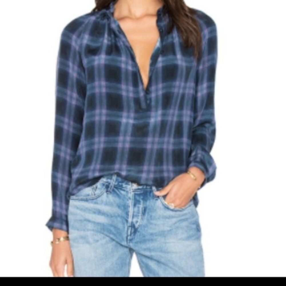 Rebecca Taylor Plaid Semi-Sheer SilkTop - Size 4 - Violet Stone Combo, 100% Silk